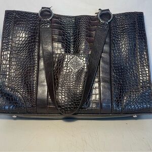 Coldwater Creek Juliana Brown Croc-Embossed Bag footed tote silver emblem